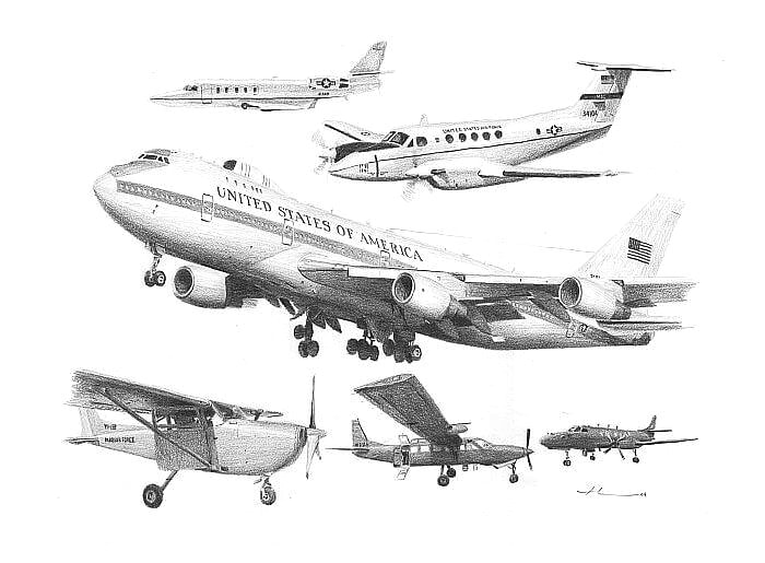 Pencil airplane portrait from separate photos of airplanes by portrait artist Mike Theuer.