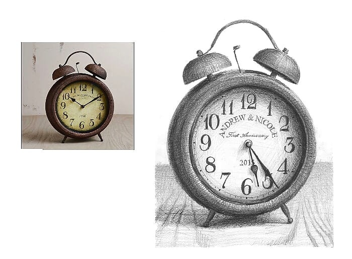 Pencil clock portrait from a photo of a clock showing anniversary time by portrait artist Mike Theuer. Photo reference included.