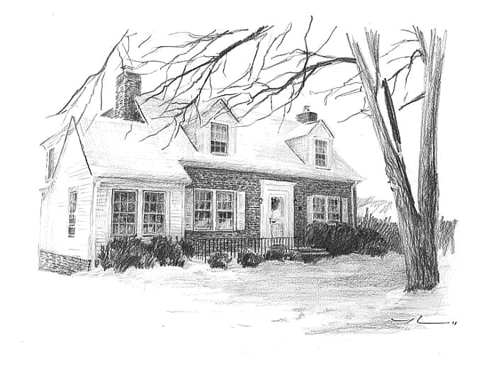 Pencil house portrait from a photo of a brick house by portrait artist Mike Theuer.