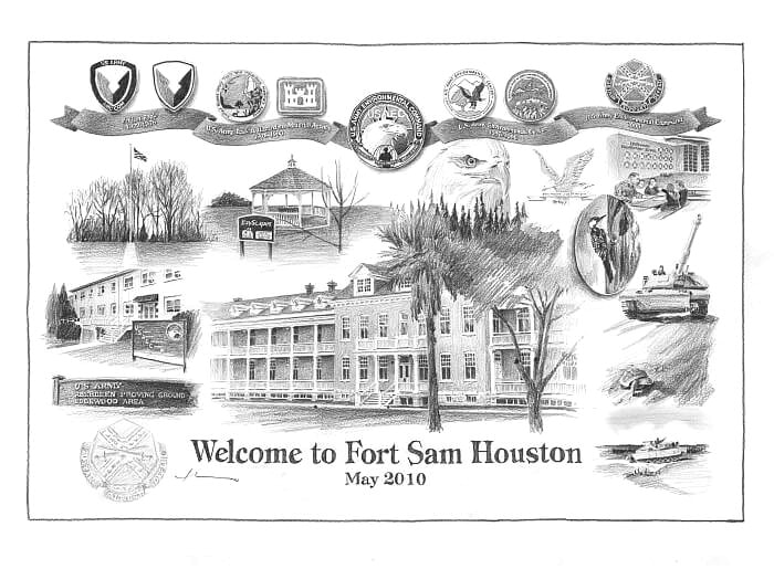 Pencil house portrait from separate photos of Fort Sam Houston by portrait artist Mike Theuer.