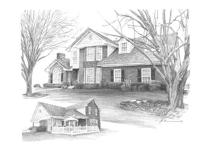Pencil house portrait from separate photos of a home front and back by portrait artist Mike Theuer.