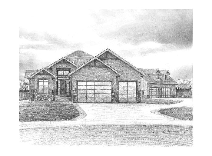 Pencil house portrait from a photo of a new home by portrait artist Mike Theuer.