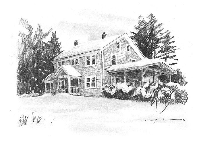 Pencil house portrait from a photo of a winter house by portrait artist Mike Theuer.