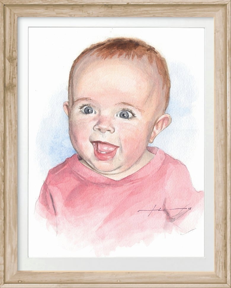 happy baby girl watercolor portrait by portrait artist Mike Theuer