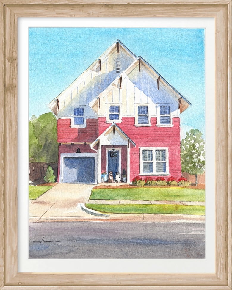 newlyweds house and dogs watercolor portrait by portrait artist Mike Theuer