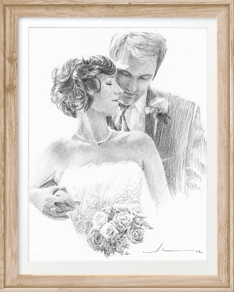 newlyweds pencil portrait  by portrait artist Mike Theuer