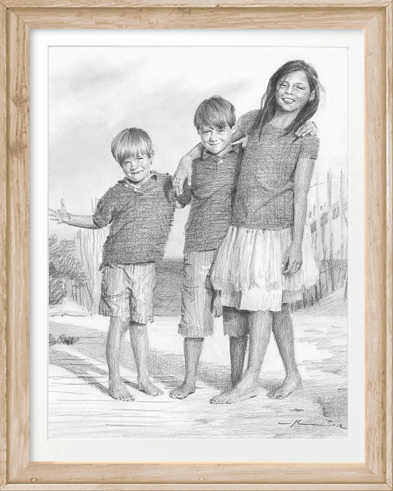 siblings at beach pencil portrait by portrait artist Mike Theuer