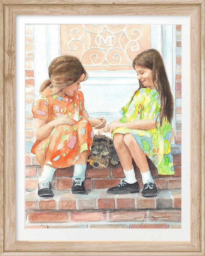 sisters and dog brick stoop watercolor  portrait by portrait artist Mike Theuer