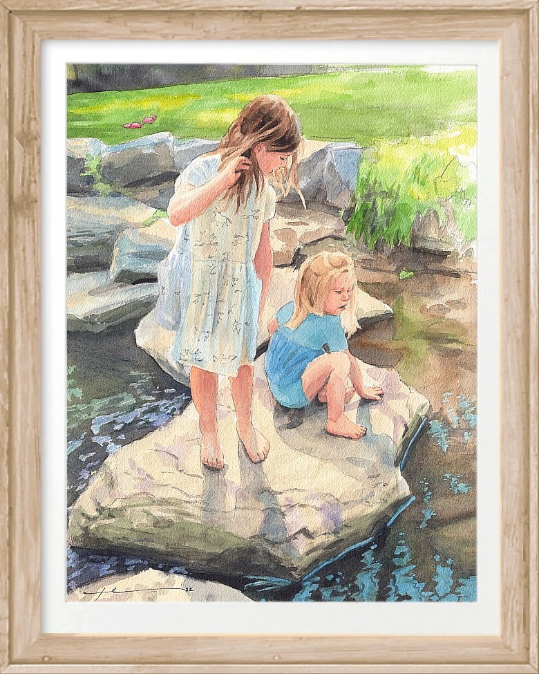 sisters in stream watercolor portrait  by portrait artist Mike Theuer