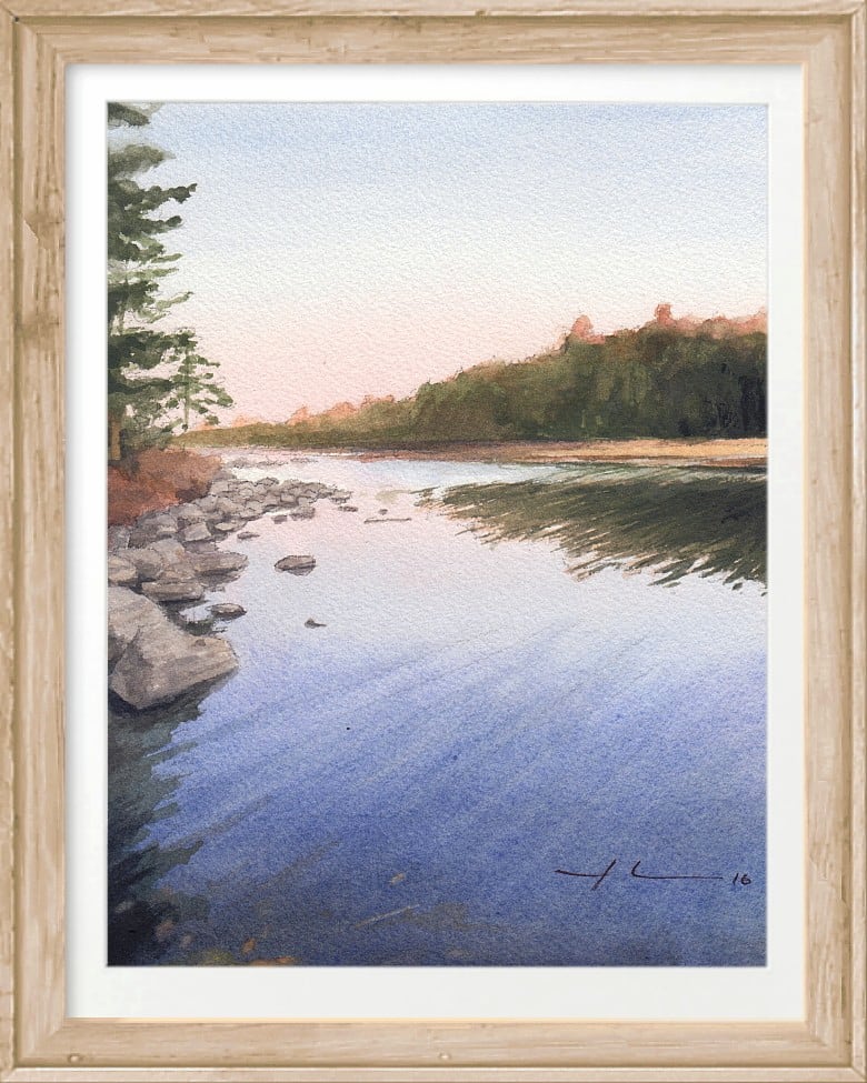 sunset lake watercolor painting portrait  by portrait artist Mike Theuer