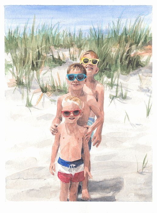 https://res.cloudinary.com/static-media/image/upload/q_auto:best,f_auto,e_improve:9/e_vibrance:10/three_brothers_in_sunglasses_beach_watercolor_portrait_mike_theuer.jpg