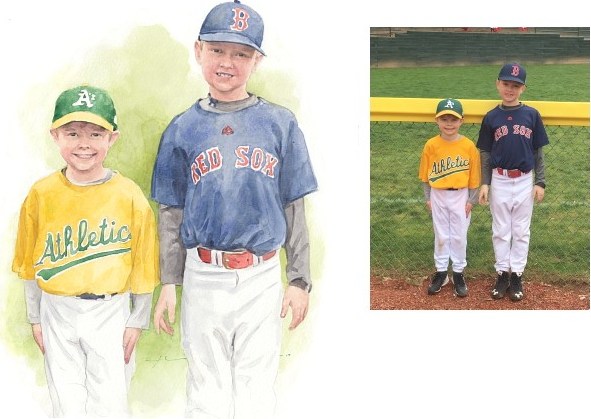Watercolor family portrait from a photo of brothers in little league baseball by portrait artist Mike Theuer. Photo reference included