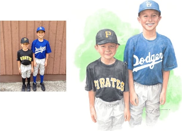 Watercolor family portrait from a photo of little league brothers by portrait artist Mike Theuer. Photo reference included