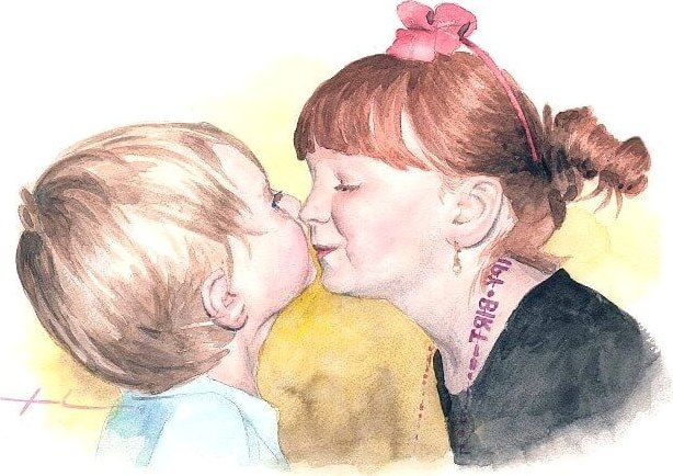 Watercolor family portrait from a photo of baby brother and sister giving a little kiss by portrait artist Mike Theuer