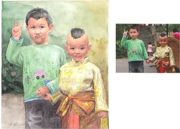 Watercolor family portrait from a photo of cousins from different cultures holding hands by portrait artist Mike Theuer. Photo reference included