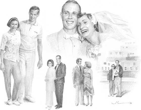 Pencil family portrait from a photo of a couple through history by portrait artist Mike Theuer from separate photos