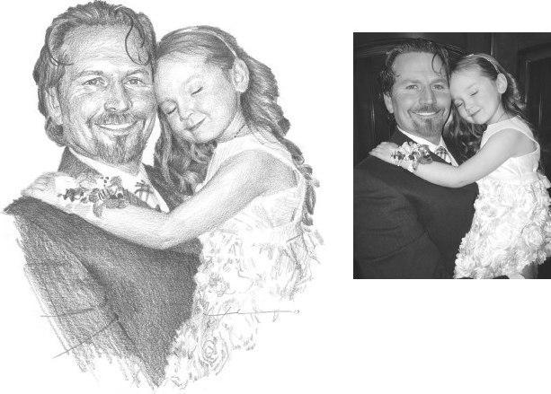 Pencil family portrait from a photo of a daughter hugging her dad by portrait artist Mike Theuer. Photo reference included