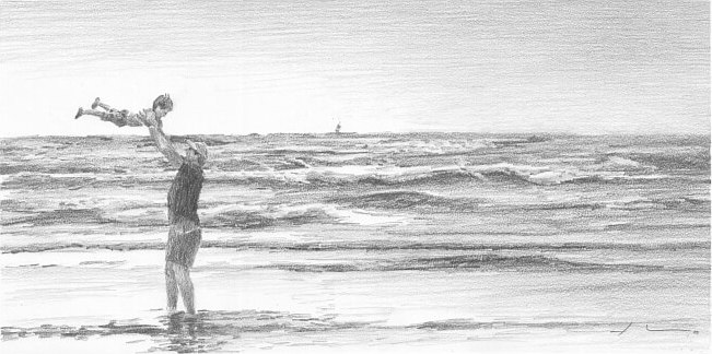Pencil family portrait from a photo of dad and son near the ocean by portrait artist Mike Theuer