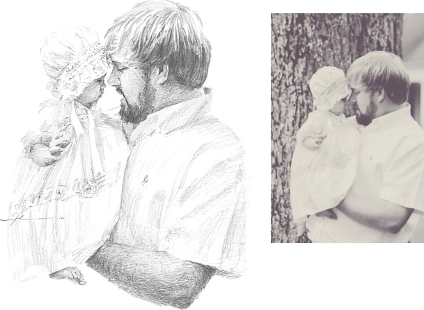 Pencil family portrait from a photo of dad holding his infant daughter by portrait artist Mike Theuer. Photo reference included