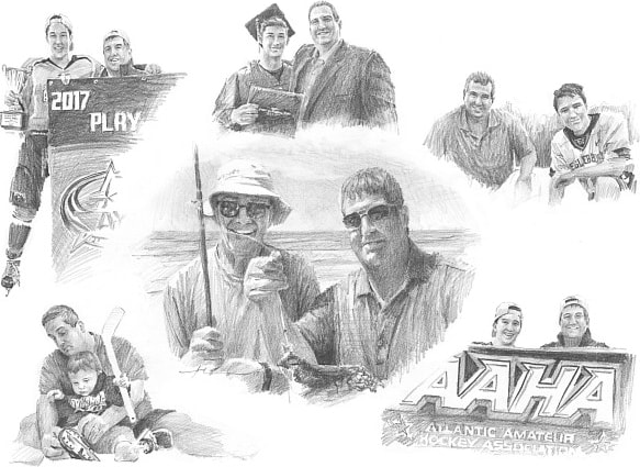 Pencil family portrait from a photo of dad with his dad and his kids by portrait artist Mike Theuer from separate photos