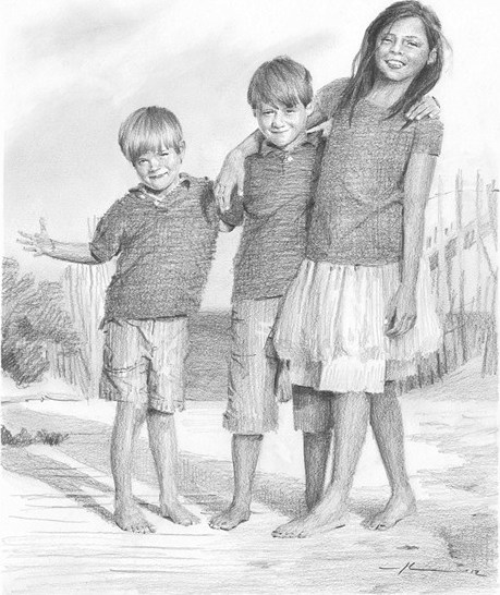 brothers and sister beach pencil drawing by Mike Theuer