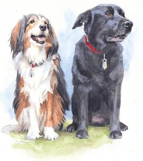 dog sisters watercolor portrait mike theuer