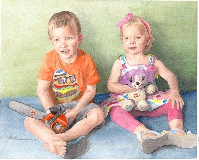 grandkids with toys watercolor portrait by Mike Theuer