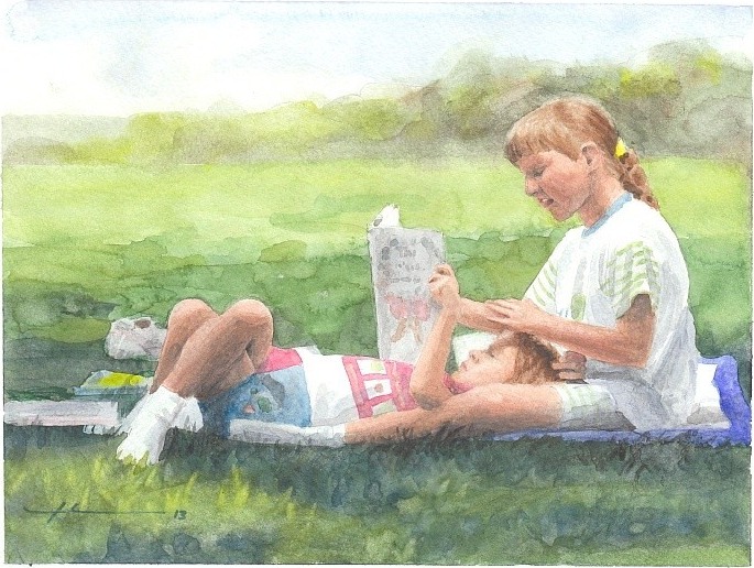sisters reading watercolor portrait by Mike Theuer