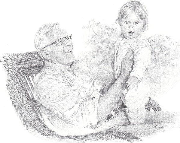 Pencil family portrait from a photo of a grandfather and granddaughter by portrait artist Mike Theuer