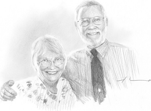 Pencil family portrait from a photo of grandparents by portrait artist Mike Theuer