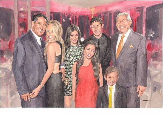 Watercolor family portrait from separate photos of a hollywood family by portrait artist Mike Theuer