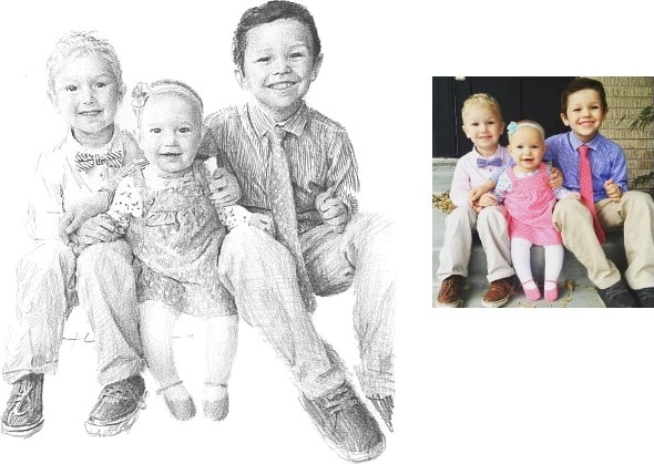 Pencil family portrait from a photo little brothers and baby sister by portrait artist Mike Theuer. Photo reference included