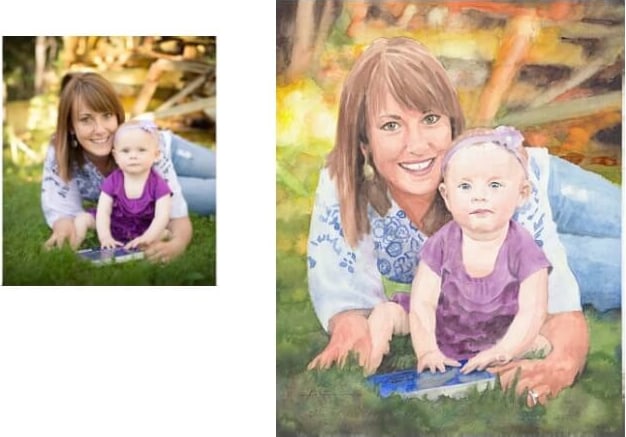 Watercolor family portrait from a photo of mom and baby daughter on the lawn by portrait artist Mike Theuer. Photo reference included