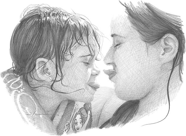 Pencil family portrait from a photo of mom and daughter at a pool by portrait artist Mike Theuer