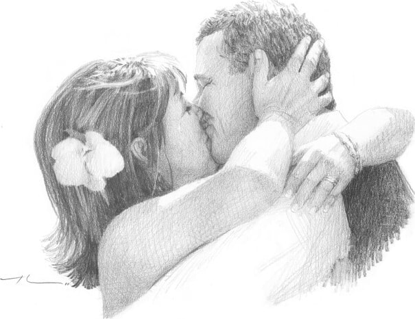 Pencil family portrait from a photo of kissing newlyweds by portrait artist Mike Theuer. Photo reference included