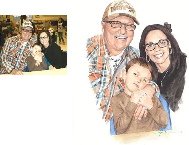 Watercolor family portrait from a photo of a family at school nite by portrait artist Mike Theuer. Photo reference included