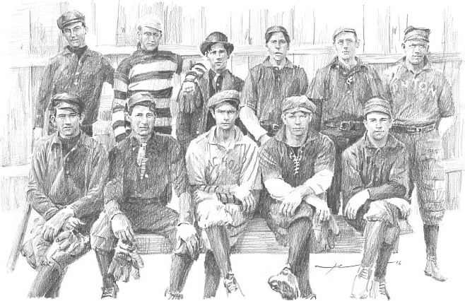 Pencil portrait 1908 C&O railroad semi-pro baseball team from a photo by portrait artist Mike Theuer