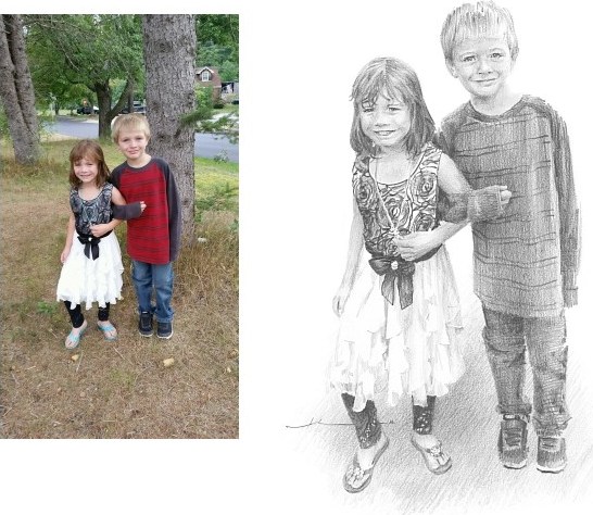 Pencil family portrait from a photo of sister escorting brother by portrait artist Mike Theuer. Photo reference included