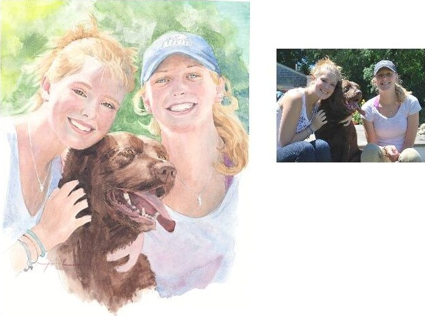 Watercolor family portrait from a photo of older sisters with dog by portrait artist Mike Theuer. Photo reference included
