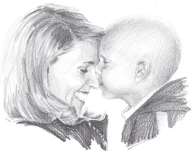 Pencil family portrait from a photo of St Jude Hospital head-bump by portrait artist Mike Theuer