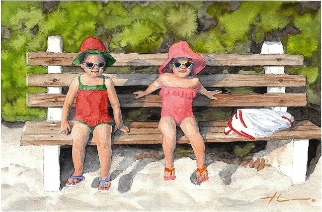 Watercolor family portrait from a photo toddle twin girls at the beach by portrait artist Mike Theuer