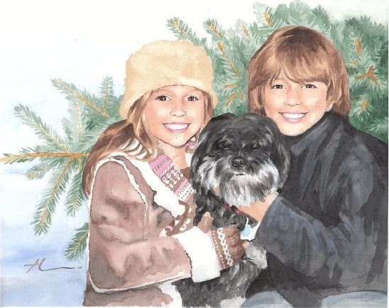 Watercolor family portrait from a photo of of bro, sis, and dog with christmas tree by portrait artist Mike Theuer