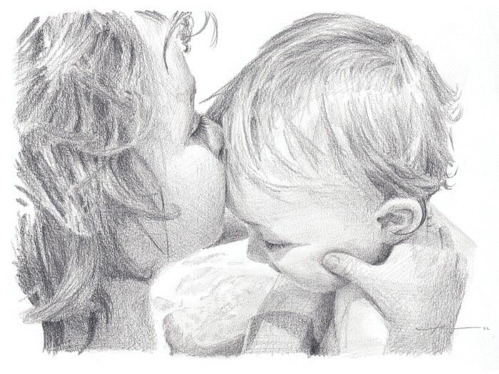 baby brothers tub kiss pencil portrait by portrait artist Mike Theuer