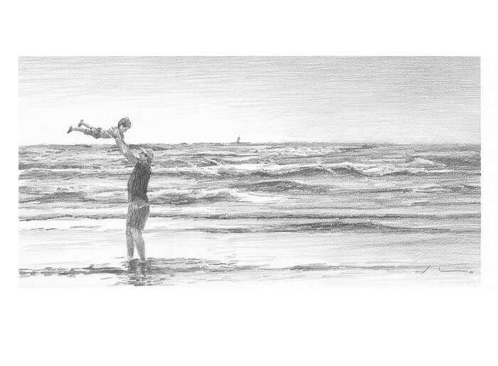 dad and son at the ocean drawing from a photo by portrait artist Mike Theuer