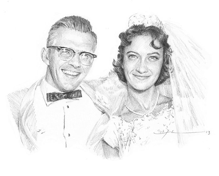 1965 newlyweds pencil drawing from a photo by portrait artist Mike Theuer