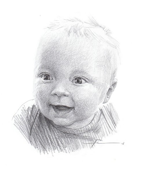 baby blonde boy pencil portrait from a photo by portrait artist Mike Theuer