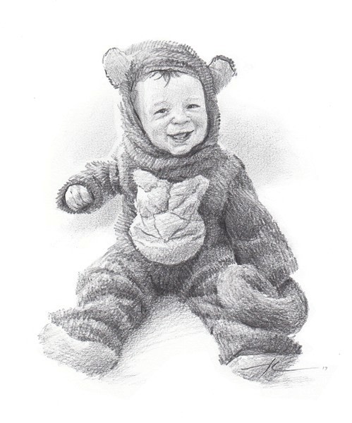 baby boy monkey costume pencil portrait from a photo by portrait artist Mike Theuer