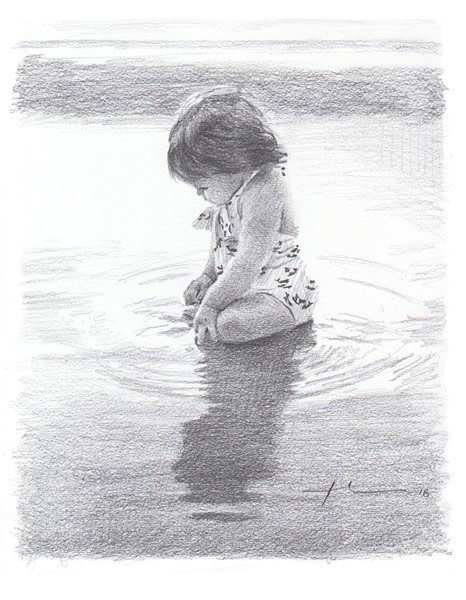 baby girl sitting tidal pool pencil portrait from a photo by portrait artist Mike Theuer