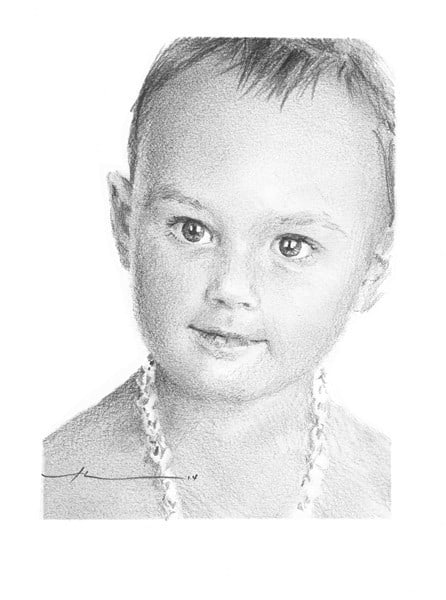 toddler girl with necklace pencil portrait from a photo by portrait artist Mike Theuer
