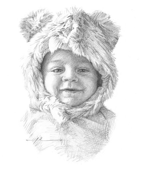 baby in bear hood pencil portrait from a photo by portrait artist Mike Theuer